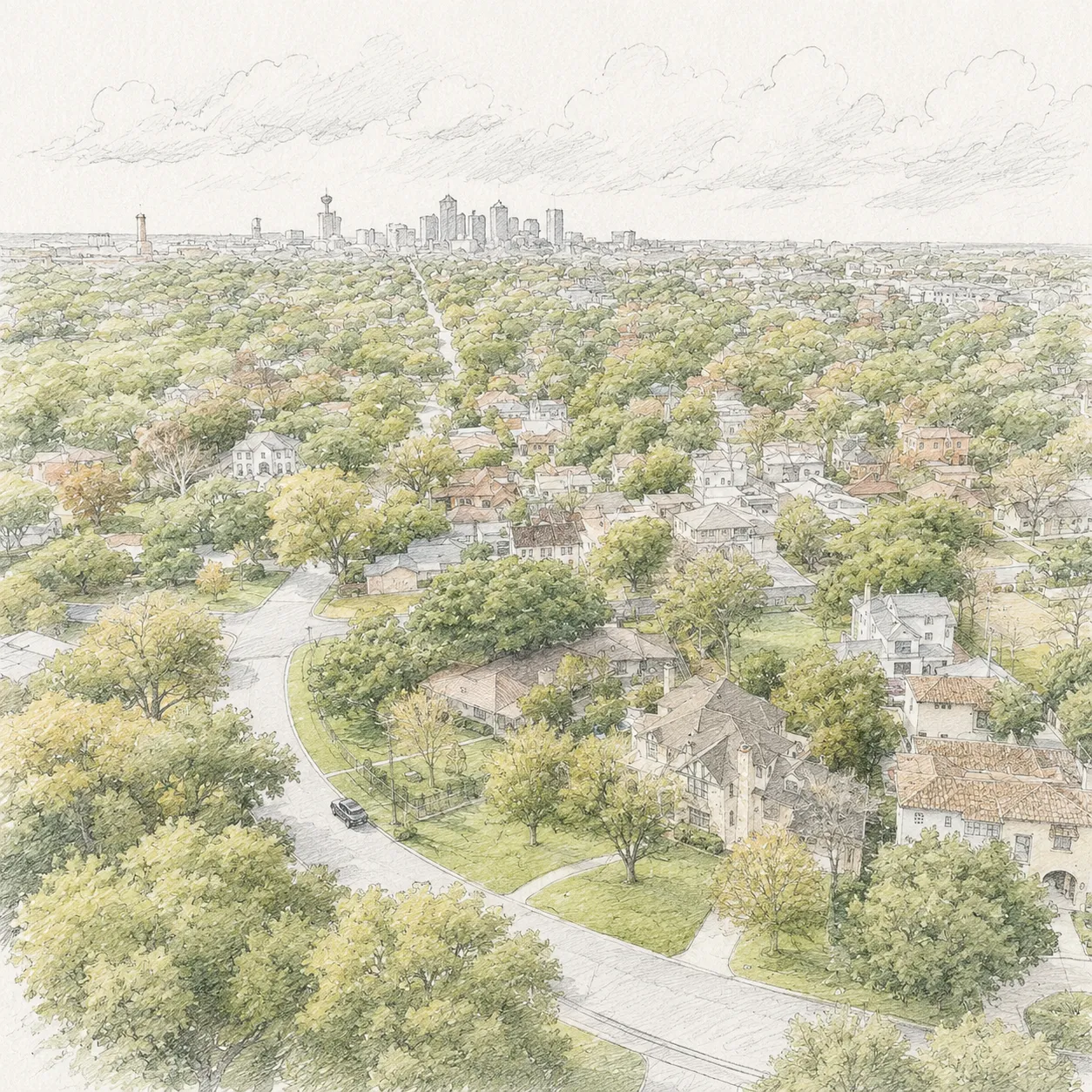 Watercolor illustration of Alamo Heights